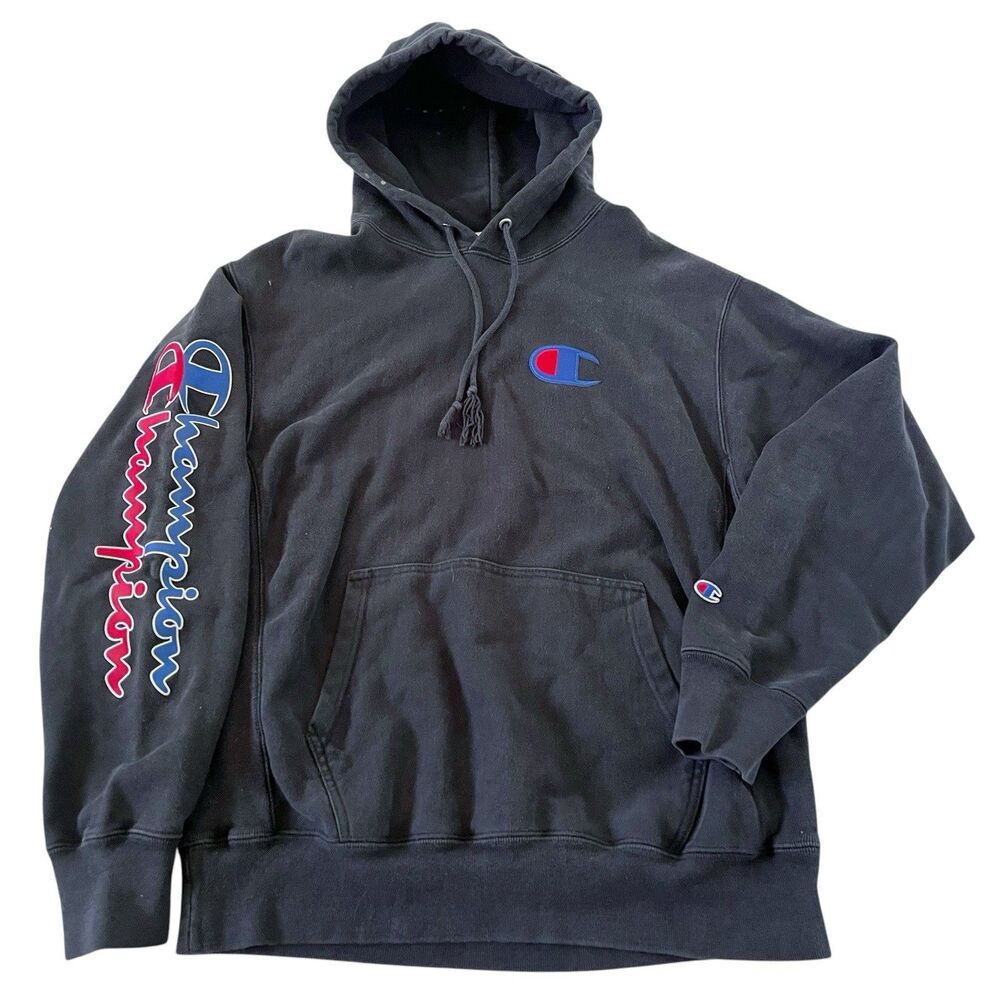 Champion Men’s Reverse Weave Hoodie Sweatshirt Logo Black Spell Out Size L Large